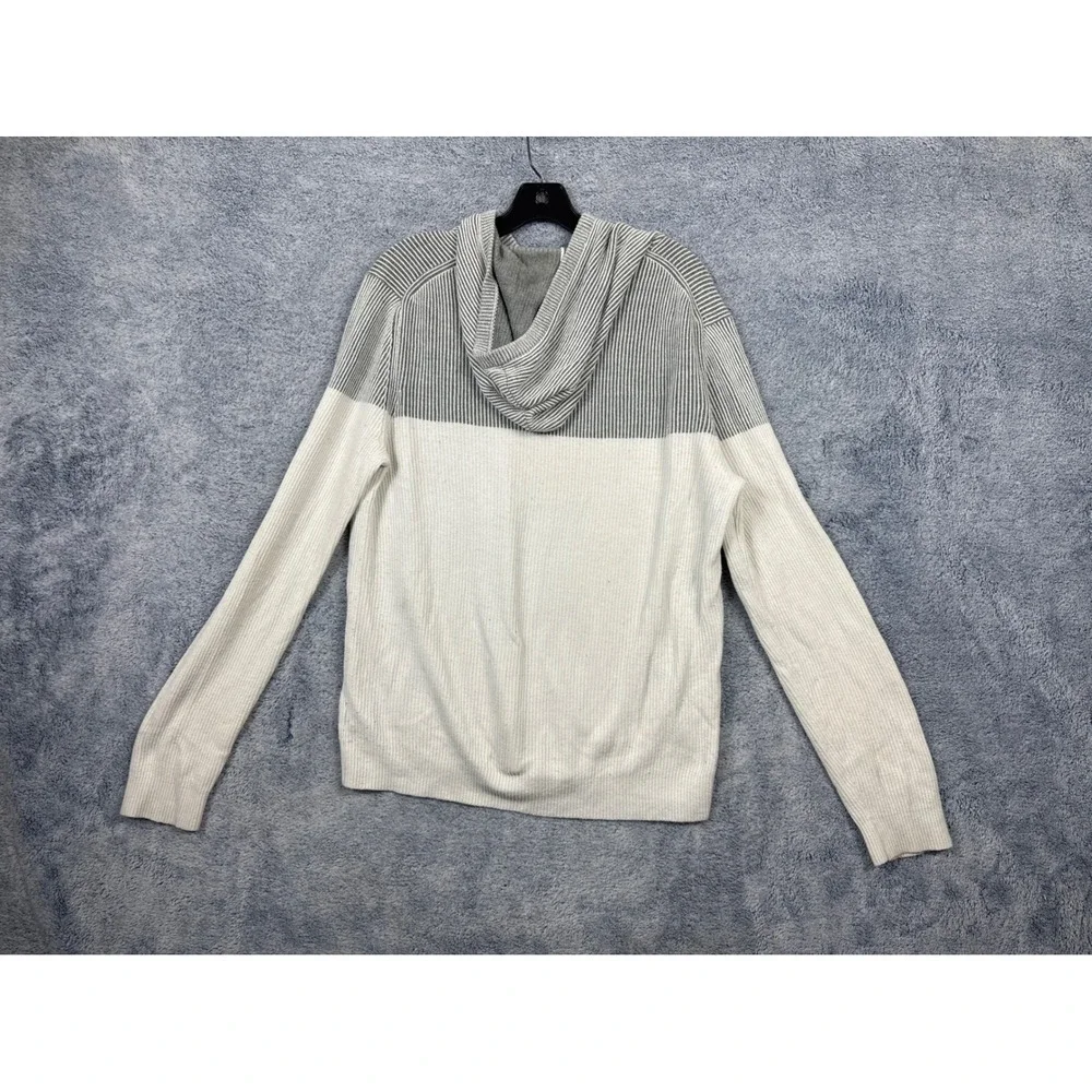 Express Mens M White Grey Hooded Sweater Colorblock Ribbed Knit Pullover
